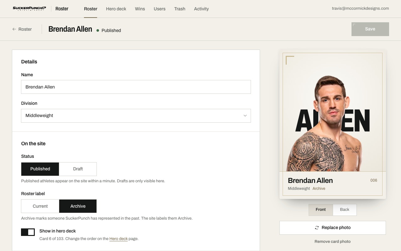 An athlete's page: details on the left, a live preview of their homepage card on the right