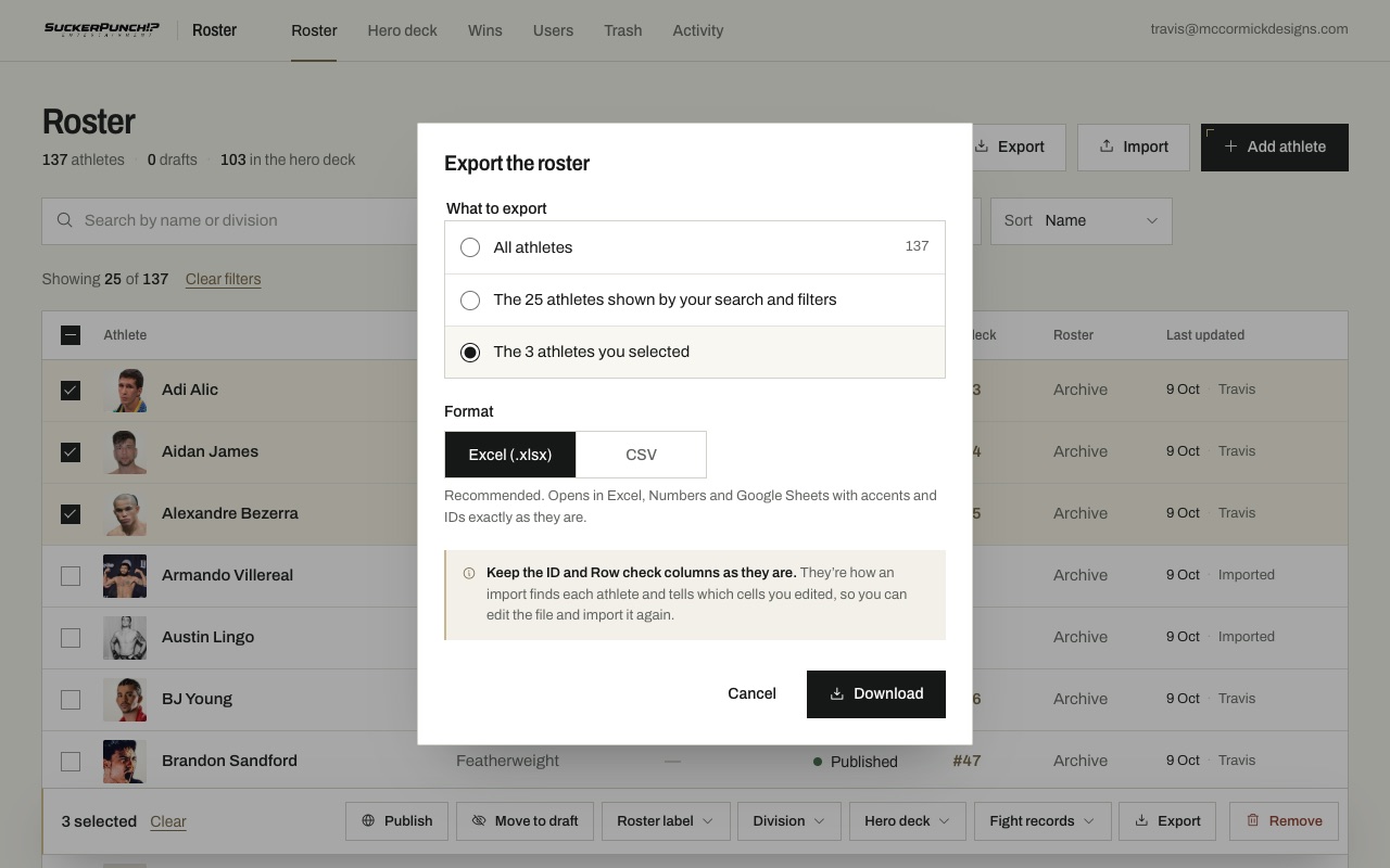 The Export dialog: choose all, filtered or ticked athletes, and Excel or CSV