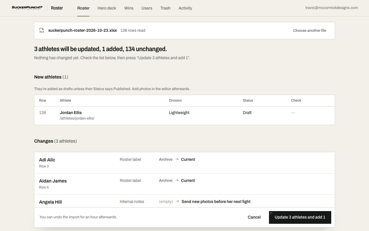 The import review: three athletes will be updated and one added, with every change listed