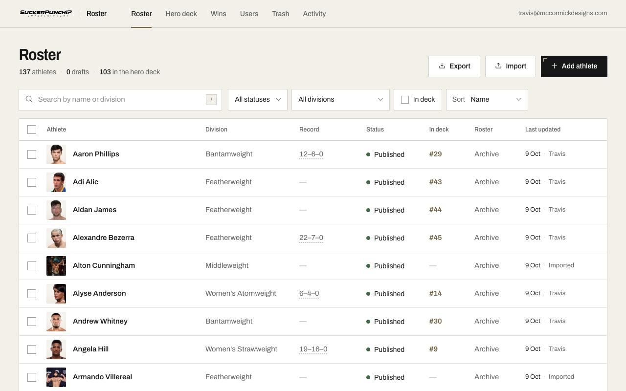 The Roster page: a searchable table of athletes with division, record, status and deck position