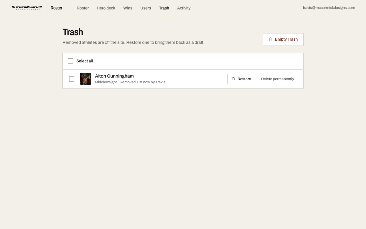 The Trash page listing removed athletes with Restore buttons