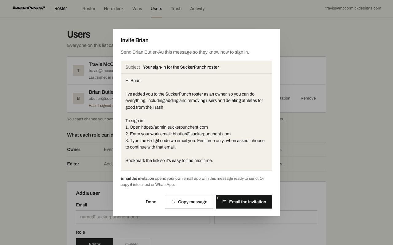 The invitation message for a new user, with Copy message and Email the invitation buttons